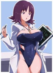 huge_breasts knkmn labcoat necklace one-piece_swimsuit philena_ivy pokemon purple_hair thick_thighs