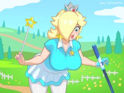 1girls animated animated_gif big_breasts blonde_hair blue_eyes blue_shirt bouncing_breasts breasts female female_only gif golf_club hair_over_one_eye hard-degenerate holding_wand levitating_object mario_(series) mario_golf nintendo one_glove princess_rosalina solo tagme