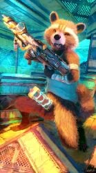 anthro anthro_only balls bodily_fluids clothed clothing cum erection feet fluffy fluffy_tail genital_fluids genitals guardians_of_the_galaxy hi_res male mammal marvel nude partially_clothed paws penetrable_sex_toy penis procyonid raccoon rocket_raccoon sex_toy shirt sidekick solo tail topwear