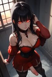 1futa ai_generated balls black_hair choker cleavage corset demon_girl dress erection from_above futa_only futanari garter_straps glowing_eyes goth goth_futa gothic hand_on_hair hand_on_head indoors jamesbron large_breasts large_penis legwear long_hair looking_at_viewer neckwear no_panties penis red_dress smile solo solo_futa standing stockings wide_hips