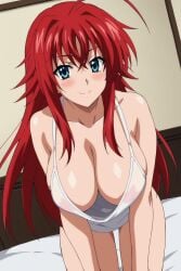 bed bedroom big_breasts blue_eyes blush blush blushing_female cleavage cleavage_focus high_school_dxd huge_breasts light_skin long_hair massive_breasts red_hair rias_gremory shiny_skin