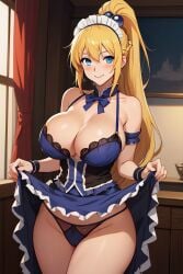 ai_assisted ai_generated big_breasts cleavage darkness_(konosuba) female kono_subarashii_sekai_ni_shukufuku_wo! konosuba maid maid_uniform seductive_smile skirt_lift solo yellow_hair