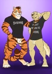 2021 absurd_res animal_genitalia anthro balls black_clothing black_pawpads black_shirt black_t-shirt black_topwear bottomless bottomless_male brown_collar brown_eyes brown_leash canid canine canis charlie_(eternalwolf5) claws clothed clothing collar dated domestic_dog duo english_text felid front_view fully_sheathed fur gay genitals glistening glistening_eyes gradient_background green_eyes hi_res holding_leash holding_object homosexual homosexual_male hufnaar hybrid leash looking_at_viewer looking_up male male/male male_anthro male_only mammal markings muscular muscular_anthro muscular_male orange_body orange_fur pantherine pawpads pink_pawpads sheath shirt simple_background smile standing striped_arms striped_legs striped_markings striped_tail stripes sverre_(tigerlover1) t-shirt tail tail_markings tan_balls tan_body tan_fur tan_sheath text tiger toe_claws topwear white_balls white_body white_fur white_sheath