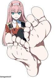 barefoot darling_in_the_franxx feet female foot_focus pov pov_eye_contact pov_feet soles zero_two_(darling_in_the_franxx)