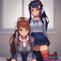 1boy 2girls ai_generated begging big_ass big_breasts big_butt big_nipples big_thighs blue_eyes blue_hair brown_hair choker dick green_eyes horny lace long_hair mita_(miside) monika_(doki_doki_literature_club) nipples obedience panties penis pussy pussy_hair pussy_juice school_uniform seductive skirt soprano_r34 stockings wet_pussy white_shirt young_girl