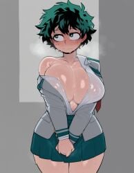 1girls ai_generated blush boku_no_hero_academia breasts covered_nipples embarrassed female_deku freckles freckles_on_face genderswap_(mtf) goonedoutp3rv green_eyes green_hair huge_breasts izuku_midoriya jacket krekk0v_(ai_style) looking_away midoriya_izuku my_hero_academia off_shoulder open_clothes open_jacket open_shirt school_uniform shirt short_hair skirt solo sweat u.a._school_uniform