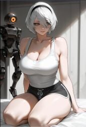 1girls ai_generated android android_girl big_breasts breasts casual_clothes clothed clothed_female female female_focus female_only kneeling nier nier:_automata nier_(series) robot robot_girl robot_humanoid solo solo_female tank_top tanktop video_game_character white_topwear yorha_2b