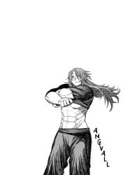 1girls abs angvall breasts centuria female female_only greyscale long_hair looking_at_viewer manga manga_page midriff monochrome muscular muscular_female no_bra official_art pants smile solo solo_female standing tohru_kuramori toned underboob undressing white_background