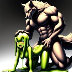 1boy 1girls ai_generated all_fours anthro bent_over canine deep_penetration furry_on_humanoid hand_on_head hand_on_hip happy_sex humanoid larger_male medium_breasts muscular_male self_upload sex size_difference slime_girl smaller_female vaginal_penetration vaginal_sex werewolf