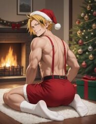 1boy ai_generated ass ass belt boku_no_hero_academia bsky_link christmas christmas_clothing christmas_decorations christmas_hat christmas_outfit christmas_present christmas_tree denki_kaminari dvxxxgrai feet fireplace kaminari_denki looking_back male male_only my_hero_academia pixai pony_diffusion_xl red_shorts santa_hat seated shorts socks soles solo solo_male suspenders tagme toned toned_body toned_male topless topless_male twitter_link white_socks yellow_eyes yellow_hair