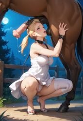 ai_generated bandaged_leg blonde_female blonde_hair blue_eyes blush collar fio_(nier_reincarnation) horse horse_penis imminent_oral imminent_zoophilia medium_breasts nier nier_reincarnation night pale pale-skinned_male panties penis penis_on_head testicles testicles_on_face twitter_username white_dress white_panties zoophilia zootopia