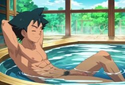 1boy abs armpits ash_ketchum black_hair hot_tub male male_only nipples penis pokemon pubic_hair satoshi_(pokemon) semi-erect shaved_armpit sitting uncut