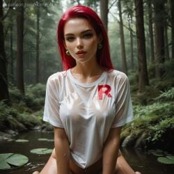 1:1 ai_generated blue_eyes earrings female female_only forest jessie_(pokemon) kneeling lips lipstick looking_at_viewer nintendo nipples_visible_through_clothing no_panties outdoor_nudity outdoors patreon_username pokemon purple_hair realistic red_lipstick shirt shirt_only t-shirt t-shirt_only tagme wet wet_body wet_clothes wet_clothing wet_skin white_shirt