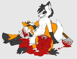 1boy 1girls anon_ihmus anthro ass axe black_fur black_hair bleeding blood blood_stain blood_trail bone breasts canine cum death decapitation ears exposed_breasts eye_patch fellatio female female_death forced_oral fox fur furry furry_ass furry_breasts furry_ears furry_tail gore grey_background guro hair head headless injury knot male nude oral oral_sex orange_fur penis pointy_ears raven_(artist) severed_head shock short_hair spine tail tear vertebrae white_fur white_hair wound