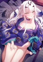 1girls barefoot blush breasts choker cleavage clothed clothing collarbone dragon_girl fairy_knight_lancelot_(fate) fate/grand_order fate_(series) female hair_accessory hair_ornament high_resolution horns japanese_clothes kimono large_filesize long_hair looking_at_viewer m-da_s-tarou melusine_(fate) no_bra off_shoulder off_shoulder_kimono panties panties_removed panty_pull ponytail pregnant pregnant_belly pregnant_female ready_for_sex sidelocks sitting small_breasts solo solo_female stomach tagme thick_thighs thighhighs thighs very_high_resolution very_long_hair wariza white_hair white_panties wife yellow_eyes