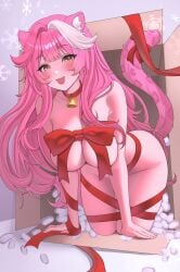 :3 absurdres animal_ears bell blush box breasts cardboard_box christmas cleavage collar collarbone commentary english_commentary female groin hair_intakes highres holidays hololive hololive_english hololive_english_-justice- huge_breasts ibbychan jingle_bell kneeling long_hair looking_at_viewer multicolored_hair naked_ribbon neck_bell oerba_yun_fang open_mouth packing_peanuts panther_ears panther_girl panther_tail pink_hair purple_background raora_panthera red_collar red_ribbon revision ribbon skin_fang smile snowflakes solo streaked_hair tail tail_ornament tail_ribbon thighs two-tone_hair virtual_youtuber yellow_eyes