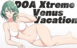 ahoge alluring bikini copyright_name dead_or_alive dead_or_alive_6 dead_or_alive_xtreme dead_or_alive_xtreme_venus_vacation female green_eyes green_hair konishiki_(52siki) medium_breasts mole mole_under_eye multicolored_hair pin_up streaked_hair swimsuit tagme tamaki_(doa) v white_background white_bikini