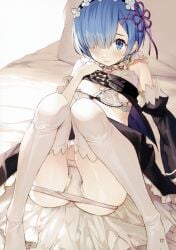 apron_lift ass_visible_through_thighs bare_shoulders blue_eyes blue_hair blush bra breasts cleavage closed_mouth detached_sleeves feet_out_of_frame gaou hair_ornament knees_together_feet_apart knees_up maid maid_headdress medium_breasts panties panty_pull re:zero_kara_hajimeru_isekai_seikatsu rem_(re:zero) short_hair thighhighs thighs underwear white_bra white_panties white_thighhighs