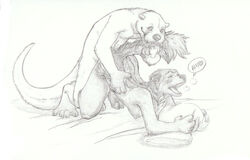 anthro blush breasts claws couple doggy_style female from_behind fur hindpaw love male mammal mustelid nipples nude otter otterface paws pillow reed sefeiren sex sketch straight tail tongue webbing whiskers wolverine