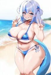 2024 ai_generated alternate_body_type alternate_breast_size big_breasts bikini bikini_bottom bikini_top blue_bikini breasts cleavage female female_only gawr_gura hololive hololive_english large_breasts looking_at_viewer revealing_clothes smile smiling smiling_at_viewer virtual_youtuber ymir1957