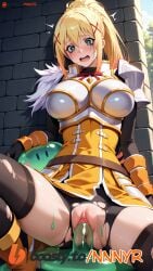 ai_generated armor armored_breasts armored_dress big_breasts blonde_hair blush crying darkness_(konosuba) green_eyes heart-shaped_pupils kono_subarashii_sekai_ni_shukufuku_wo! monster nnnyr opened_mouth pleasure_face ponytail ruined_makeup running_makeup runny_makeup sex sitting slime slime_monster slime_penetrated spread_legs stable_diffusion stockings temple torn_clothes vaginal_penetration