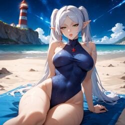 1girls ai_generated alex-schura arm_support bangs bare_arms bare_shoulders beach blue_one-piece_swimsuit blue_sky blue_swimsuit blush breasts casual_one-piece_swimsuit clavicle cleavage closed_mouth clothing cloud covered_collarbone covered_navel curvaceous curvaceous_female curvaceous_figure curvy curvy_figure day earrings elf female female_focus female_only frieren frieren_beyond_journey's_end green_eyes grey_hair highleg highleg_swimsuit horizon jewelry large_breasts lighthouse lips long_hair looking_at_viewer medium_breasts navel night ocean one-piece_swimsuit outdoors parted_bangs parted_lips pointed_ears ponytail sand shore sidelocks sitting sky smile solo sousou_no_frieren star_(sky) star_(symbol) starry_sky swimsuit thighs tied_hair towel twintails very_long_hair voluptuous voluptuous_female water wet wet_clothes wet_swimsuit white_hair