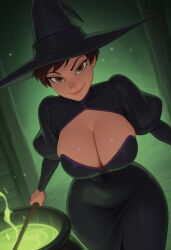 2d _hair ai_generated brown_eyes brown_hair cauldron cerise_bianca civitai cleavage closed_mouth cowboy_shot curvy cute cute_face cute_girl dutch_angle dynamic_angle dynamic_pose evil_smile female geneker girl gothic_dress green_light hat huge_breasts leaning_forward lila_rossi looking_at_viewer magic_particles miraculous:_tales_of_ladybug_and_cat_noir miraculous_ladybug narrow_waist short solo solo_female staff thick_thighs wide_hips witch witch_girl witch_hat