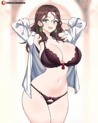 1girls arms_behind_head black_bra black_panties brown_hair cleavage curvy dorothea_arnault earrings female female_only fire_emblem fire_emblem:_three_houses fire_emblem_warriors:_three_hopes huge_breasts intelligent_systems jarckius jewelry lingerie looking_at_viewer navel nintendo open_clothes shirt smile solo stomach tagme underwear wavy_hair white_shirt wide_hips