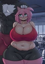 abs absurd_res accessory amy_rose anthro big_breasts black_body blush bottomwear bra breasts chest_tuft chocofl4n choker cleavage clothed clothing duo eulipotyphlan faceless_character faceless_male female gloves green_eyes gym hair_accessory hairband hands_behind_back handwear hedgehog hi_res huge_breasts jewelry male mammal muscular muscular_male necklace nervous_smile pink_body sega shadow_the_hedgehog shorts size_difference sonic_the_hedgehog_(series) thick_thighs tuft underwear