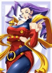 2d athletic athletic_female bare_shoulders big_breasts blue_eyes bodysuit breasts busty capcom dress female female_focus female_only hourglass_figure italian italian_female lipstick long_hair makeup purple_hair rose_(street_fighter) sano-br scarf street_fighter street_fighter_alpha tagme wide_hips