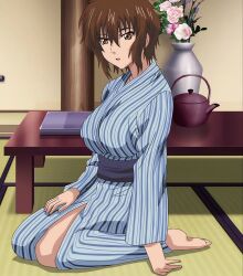 bad_tag breasts brown_eyes brown_hair female first_love japanese_clothes kasumi_(first_love) kimono large_breasts medium_hair presenting_feet