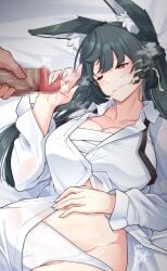 1boy animal_ear_fluff animal_ears black_hair breasts censored chest_sarashi cleavage collarbone cum cum_on_body cum_on_hair f-rhine facial female fox_ears fox_girl groin highres hoshimi_miyabi large_breasts long_hair lying mosaic_censoring on_back one_eye_closed panties penis red_eyes sarashi shirt straight underwear white_panties white_shirt zenless_zone_zero