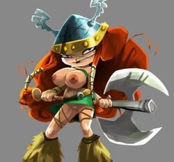 1girl 1girls accurate_art_style axe barbara_(rayman) big_breasts breasts coolerinker erect_nipples female female_focus female_only functionally_nude functionally_nude_female helmet huge_breasts inker_comics inkershike large_breasts princess_(rayman) pussy rayman_(series) rayman_legends red_hair seductive suckable_nipples tagme ubisoft vagina weapon