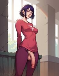 1futa ai_generated dark_hair dickgirl esendor flaccid_penis futanari huge_cock huge_cock looking_at_viewer medium_breasts penis_out purple_eyes short_hair solo stable_diffusion testicles unzipped_pants