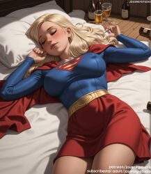 ai_generated alcohol bangs bed bed_sheet belt blonde_hair blush bottle breasts cape closed_eyes closed_mouth clothing cup dc dc_comics drinking_glass drunk female female female_only indoors injustice_2 jousneystudio justice_league_unlimited kara_zor-el large_breasts lips long_hair long_sleeves looking_at_viewer lying on_back on_bed parted_lips pillow red_cape skirt sleeping solo supergirl supergirl_(injustice) superman_(series) thighs wine_bottle