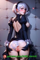 1girls against_wall ahq_hentai ai_generated black_dress blush breasts brick_wall dress gloves medium_breasts nier:_automata nipples panties patreon perfect_body pussy shy stable_diffusion standing torn_clothes wet_pussy white_hair white_panties yorha_2b