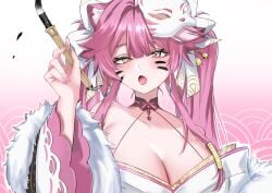 :o animal_ears blush breasts cat_ears cat_girl cleavage drawn_whiskers female fox_mask highres holding holding_paintbrush hololive hololive_english ink large_breasts mask mask_on_head nkyu oerba_yun_fang official_alternate_costume official_alternate_hairstyle open_mouth paintbrush pink_hair pink_nails raora_panthera raora_panthera_(new_year) twintails virtual_youtuber yellow_eyes