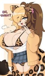 1girls animal_ears anthro bare_shoulders big_breasts bikini blonde_hair blue_eyes brown_hair choker dialogue english_text felid feline female female_only gyaru hair_over_one_eye heart-shaped_pupils hi_res j5daigada leopard leopard_print leopard_print_bikini long_hair looking_at_viewer miniskirt open_clothes open_shirt pantherine ponytail shirt smiling smiling_at_viewer smug solo sweater tail text thick_thighs two_tone_hair