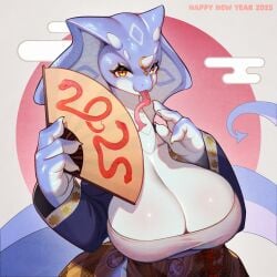 1:1 2025 amber_eyes anthro big_breasts blue_body breasts chinese_zodiac cleavage clothed clothing eyelashes female forked_tongue glistening glistening_breasts hi_res horn huge_breasts non-mammal_breasts paper_fan reptile scalie snake snake_hood solo tongue tongue_out white_body whooo-ya year_of_the_snake