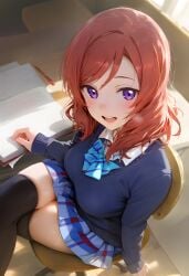 ai_generated horny_female legs legs_crossed looking_at_viewer nishikino_maki sitting_on_chair waiting