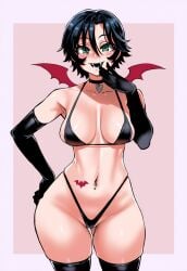 ai_generated bat_wings bikini black_hair blushing_at_viewer cameltoe choker color eyeshield_21 female gloves green_eyes hand_on_hip haughty_smile hi_res large_breasts light-skinned_female osyasenpai smirking_at_viewer tagme taki_suzuna thick_thighs thighhighs toned_female twitter uncensored vampire_bat vampire_fangs vampire_girl wide_hips zettai_ryouiki