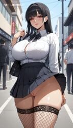 1girls ai_generated black_hair boobs_pressed female female_focus female_only fishnets long_hair pussy seducedai thighs uniform uniform_top upskirt