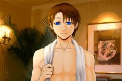 1boy after_shower ai_ni_arazu blue_eyes brown_hair candle candlestand collarbone eyelashes game_cg haruka_shinomiya hi_res holding_towel indoors looking_at_viewer male male_only mature_male medium_hair painting pecs plant plot_twist realistic_background smile takashi_akano_(fukusa) topless towel towel_around_neck towel_only wet_hair