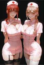 2girls ai_generated arm_under_breasts arms_behind_back black_background blush braid braided_ponytail breasts chainsaw_man garter_straps large_breasts makima_(chainsaw_man) medium_breasts medium_hair multiple_girls nurse nurse_cap open_mouth power_(chainsaw_man) red_hair ringed_eyes smile thighhighs yellow_eyes