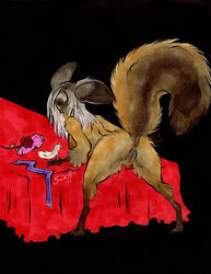 anthro anus ass bed canine dildo feathers female fox fur furry presenting pussy raised_tail savannah_horrocks semi-anthro sex_toy solo tail