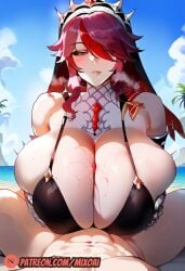 ai_generated beach big_breasts breast_grab curvy genshin_impact milf mixoai naughty_face paizuri paizuri_lead_by_female pale_skin patreon pov rosaria_(genshin_impact) titjob