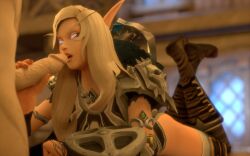 1boy 1girls 3d armored_female blender blood_elf clothed elf elf_ears elf_female glowing_eyes high_elf impending_blowjob indoor ingame_model notablyfishy oral oral_sex tavern warcraft world_of_warcraft