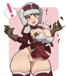 ! 1girls brown_hair fire_emblem fire_emblem:_three_houses large_breasts nintendo nipples npc pegasus_knight pegasus_knight_(fire_emblem) pegasus_knight_uniform_(fire_emblem) red_eyes shocked shocked_expression speech_bubble thick_thighs thighs torn_clothes