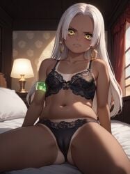 ai_generated armlet artist_request bed bedsheets belly black_legwear blush chubby dark-skinned_female dark_skin disgusted dissappointed_look earrings female female_only lace_panties lamp lingerie long_hair one_piece s-snake_(one_piece) seraphim_(one_piece) sexy_pose spread_legs tan_body thighs white_hair yellow_eyes