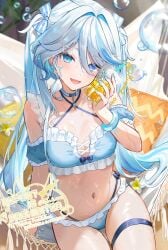 ahoge blue_eyes blue_hair bob_cut flower furina_(genshin_impact) genshin_impact jewelry navel ribbon small_breasts smile swimsuit thighs twintails water white_hair